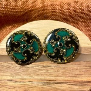 Vintage Large Green Enamel and Rhinestones Clip on Earrings Pierre Bex style